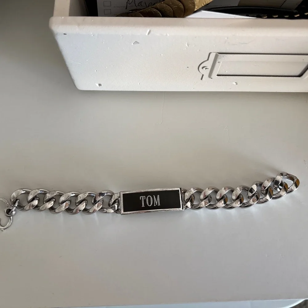 Vintage Speidel ID Bracelet Black‎ Silver Tone Thick Chain Engraved TOM 8.5